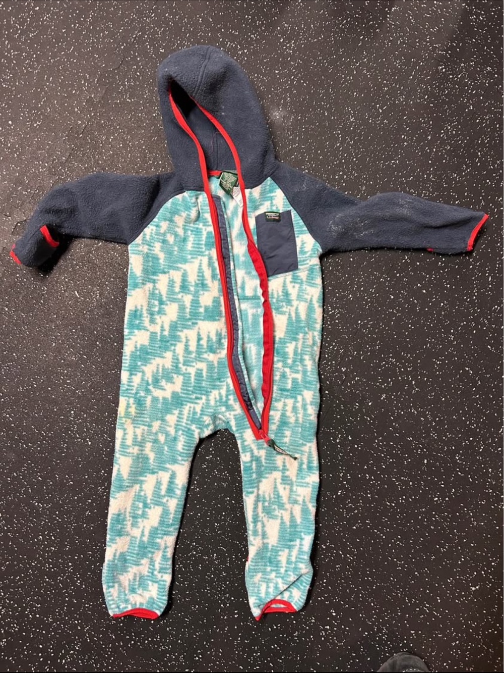 L.L. Bean Hooded Fleece Bunting - Teal, Navy & Red Trim 12-18m